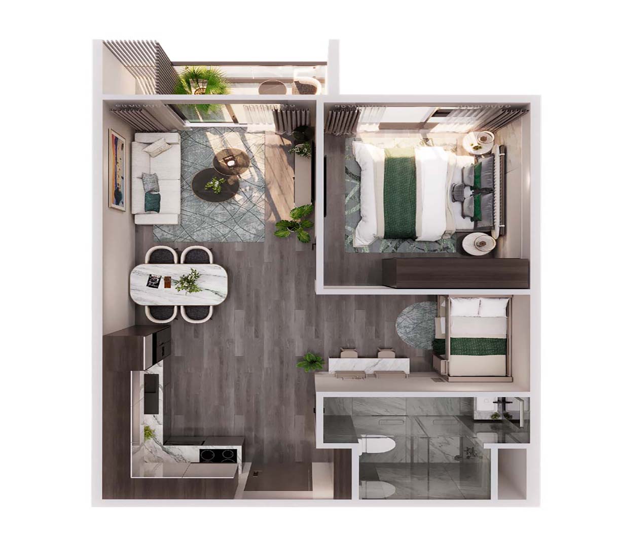 Layout căn 1 ngủ+ MIK The Parkland Ocean Park 2