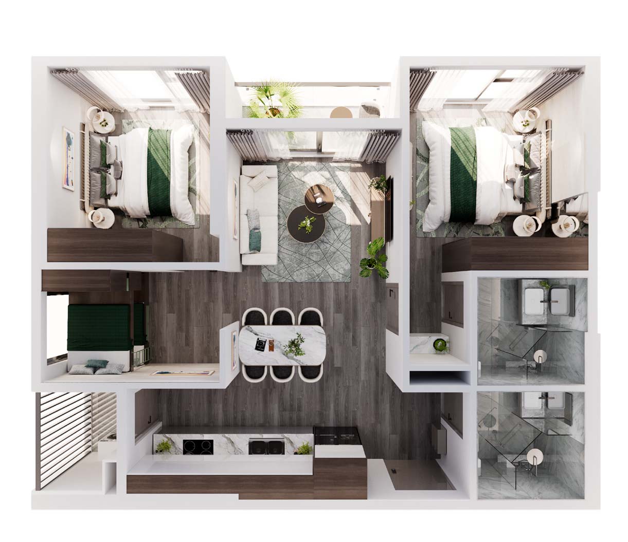 Layout căn 2 ngủ+ MIK The Parkland Ocean Park 2