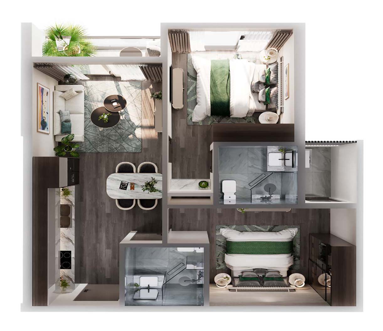 Layout căn 2 ngủ+ MIK The Parkland Ocean Park 2