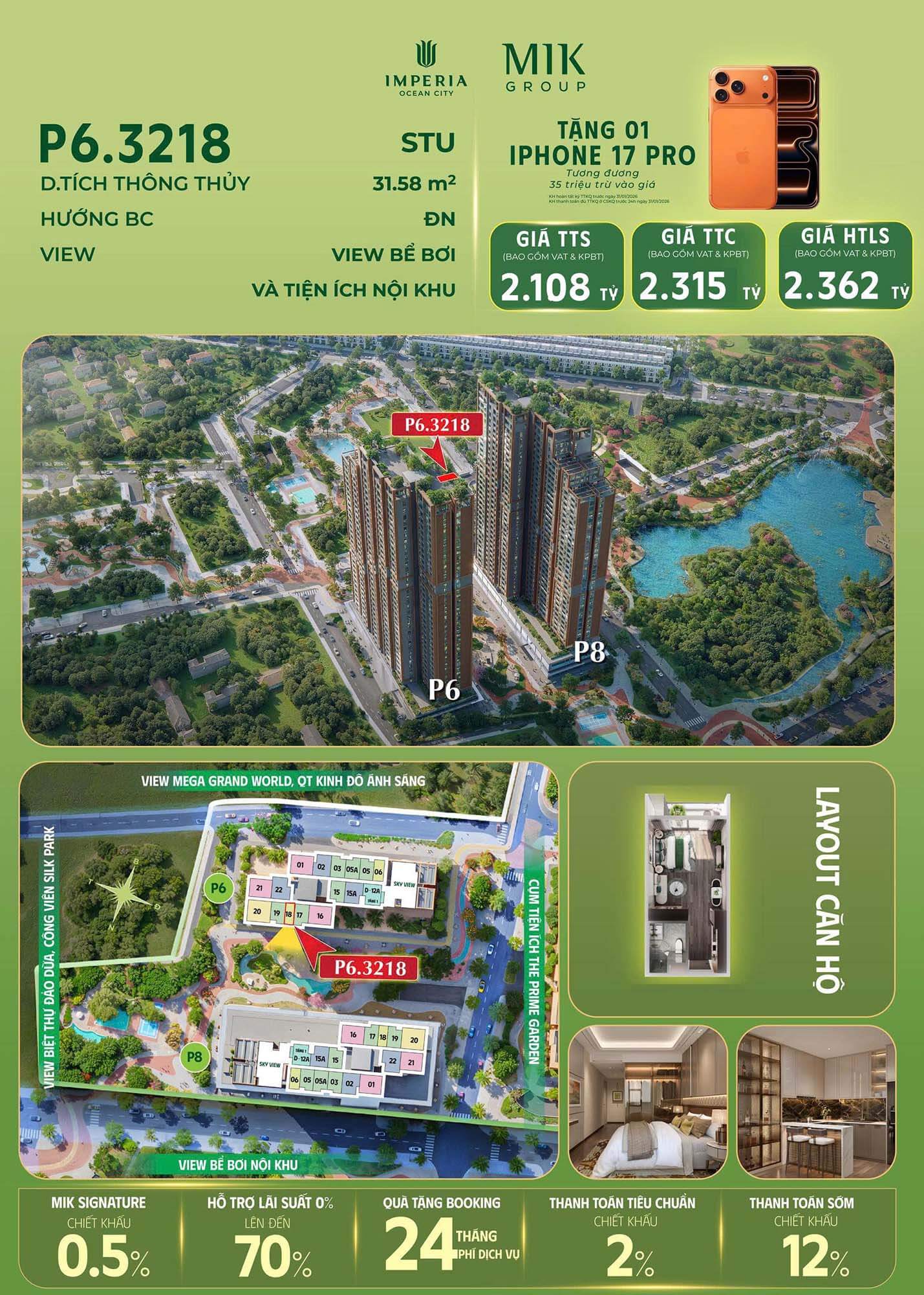 Cập nhật giá bán chung cư Ocean Park 2 mới nhất: Phân tích chi tiết phân khu The Parkland Giá bán căn Studio P6.3218 The Parkland Vinhomes Ocean Park 2